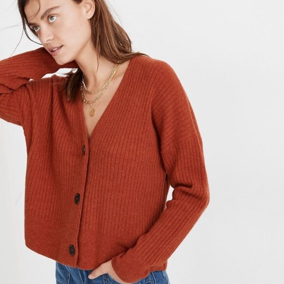 Madewell Cameron Ribbed Cardigan Sweater in Coziest Yarn in Heather Brick XS - Picture 6 of 7